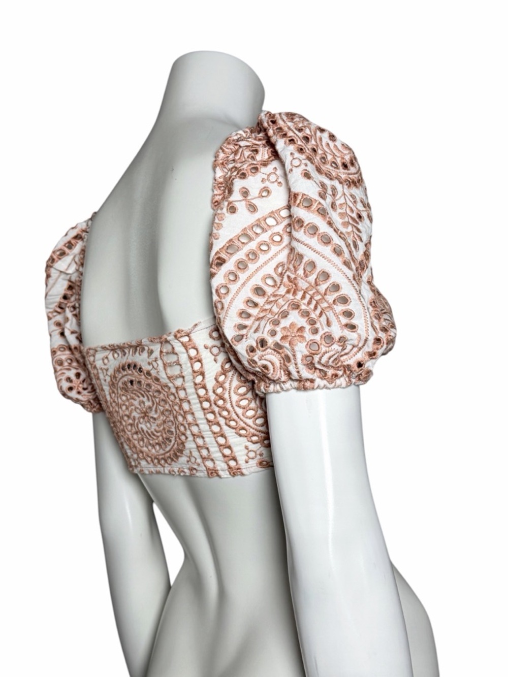 Bardot Eyelet Tie Front Crop Top Puff Sleeve White Tan Embroidered Boho EUC S - Picture 7 of 13